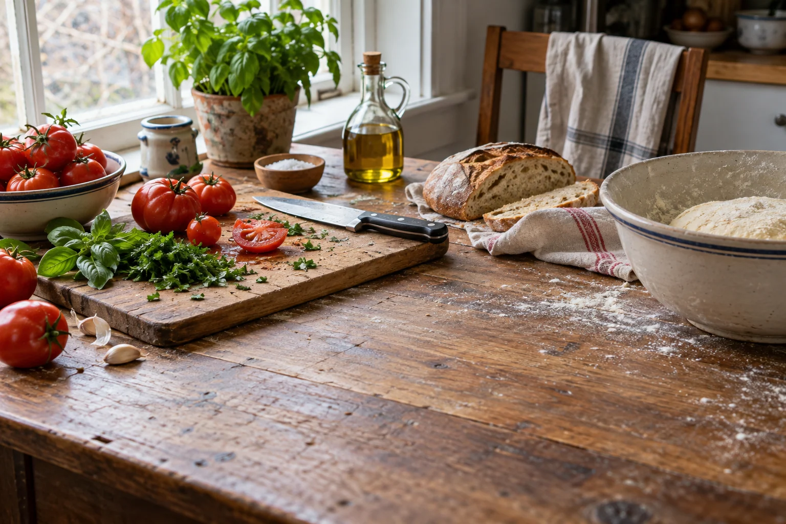 Продукты и посуда на домашнем кухонном столе