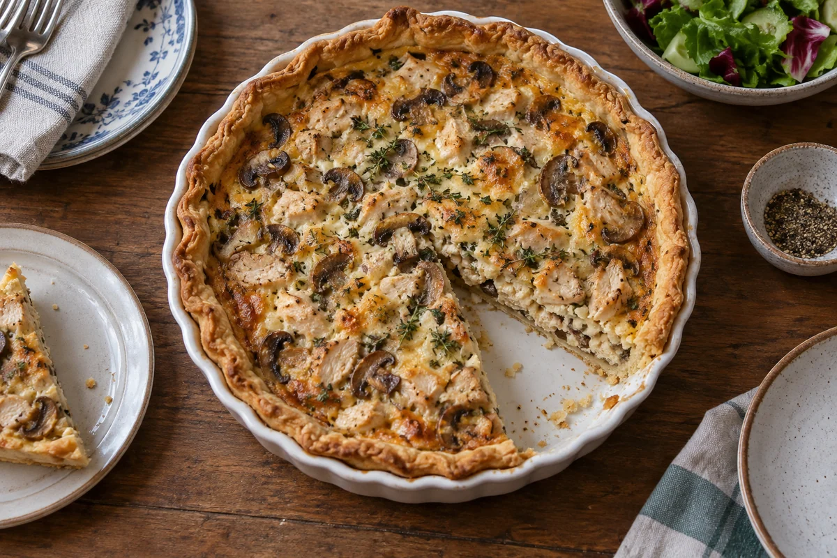 Открытый пирог с курицей и грибами