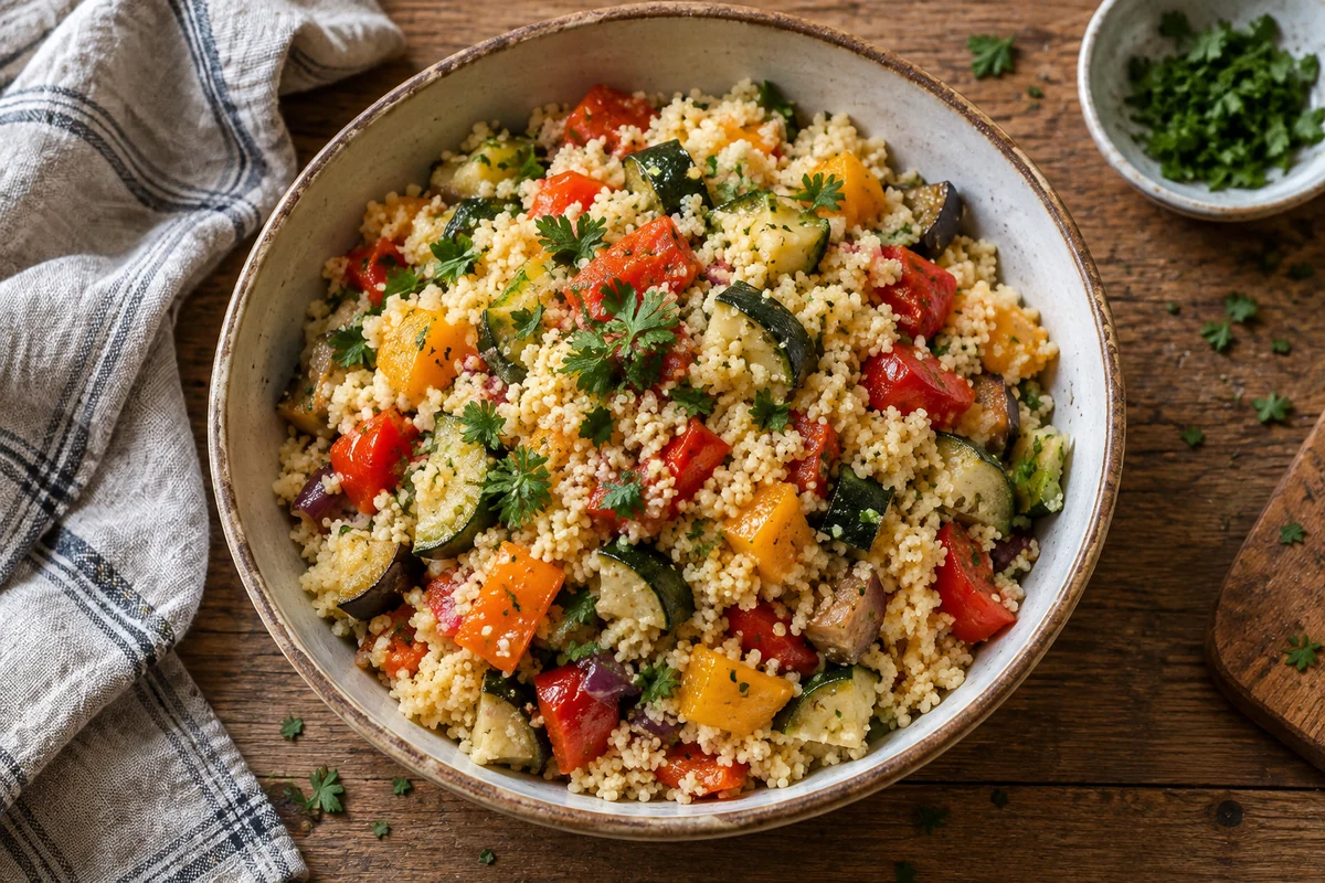 Домашний кус-кус с разноцветными овощами в керамической миске